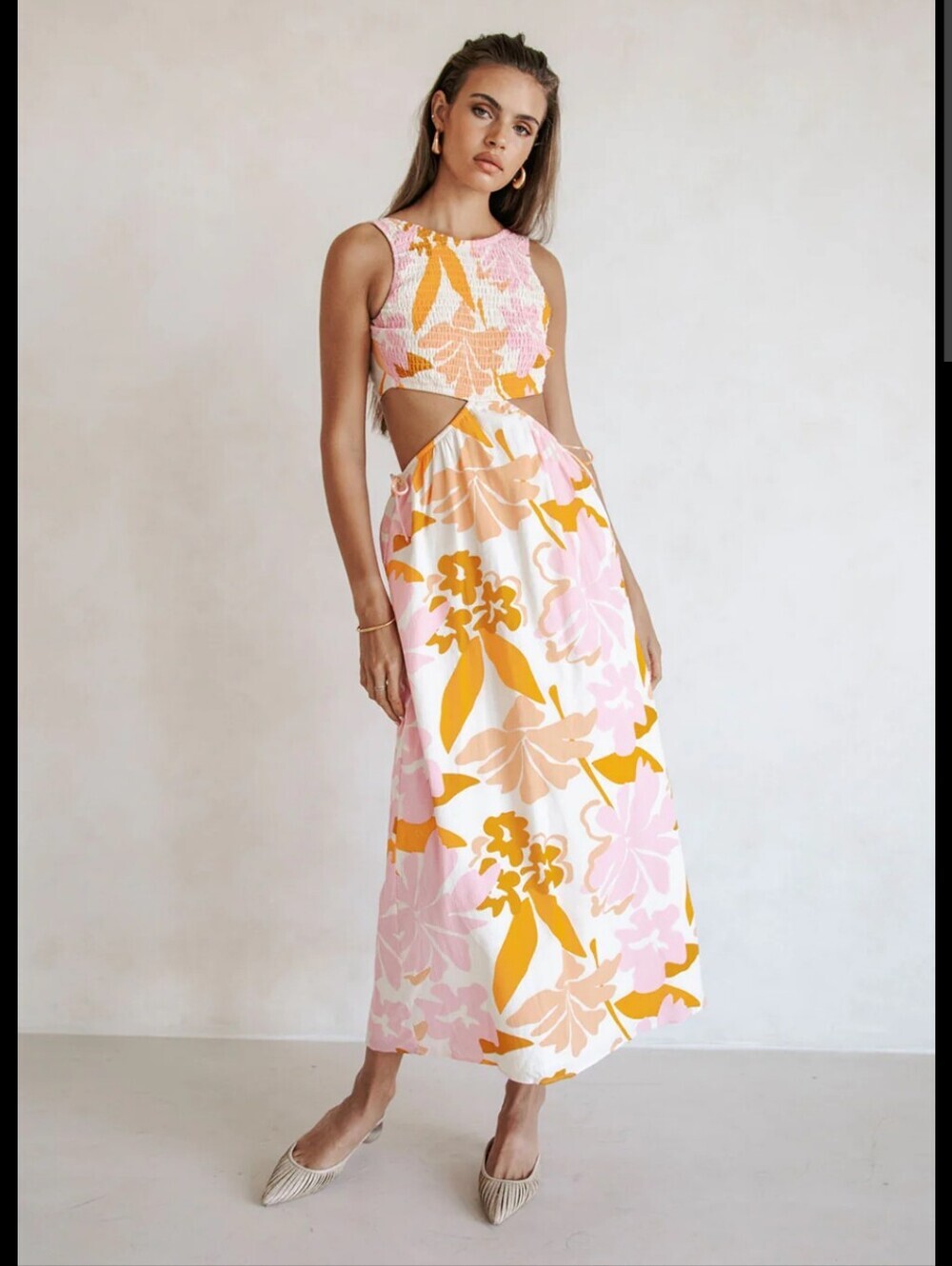 SABO 100% Cotton Sleeveless Pink & Mustard Floral Midi Dress with Cutouts_10